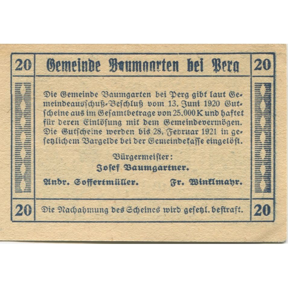 Biljet, Oostenrijk, Baumgarten, 20 Heller, personnage 1921 SPL Mehl:FS 78a