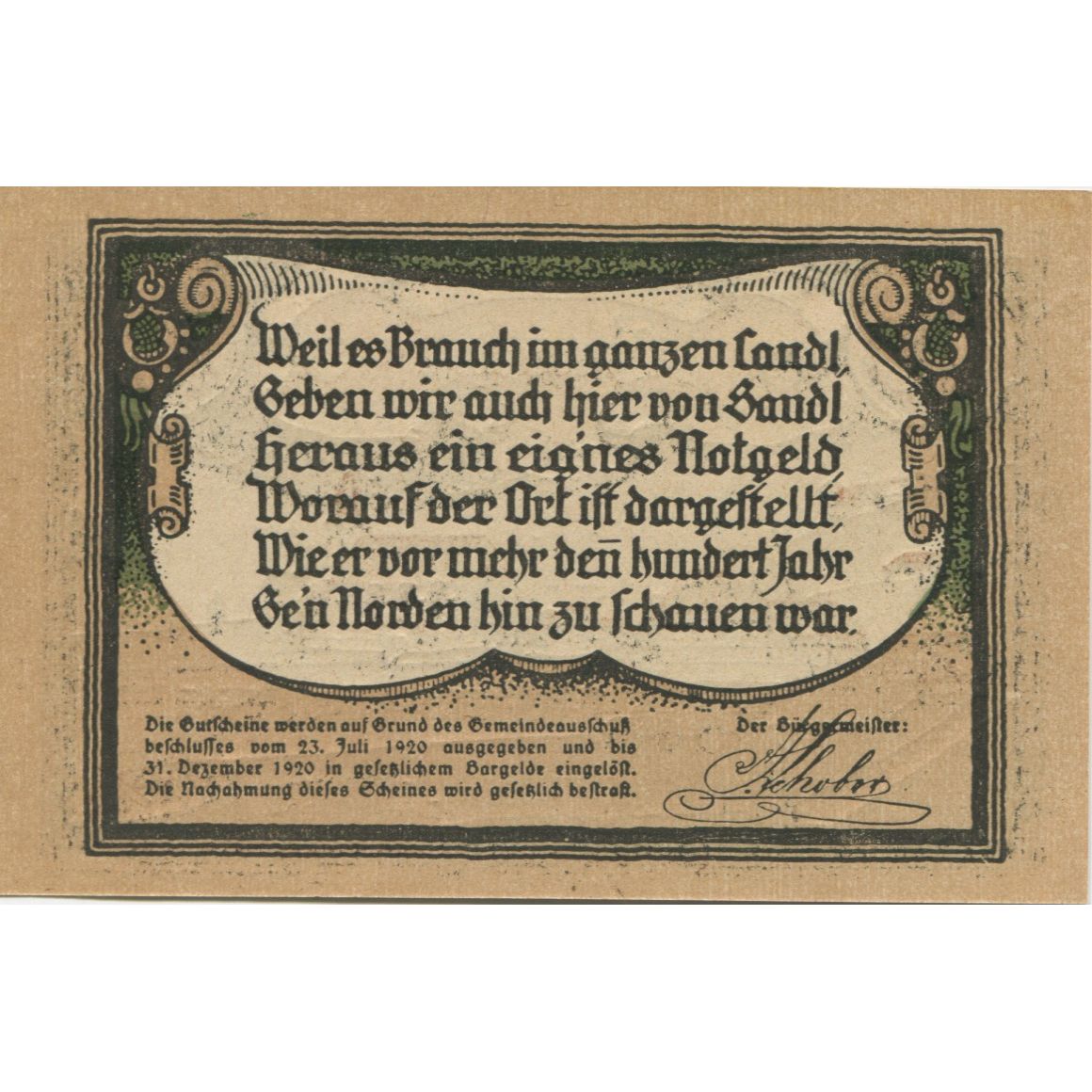 Banknote, Austria, Sandl, 30 Heller, village 1920-12-31, UNC(63), Mehl:FS 874I