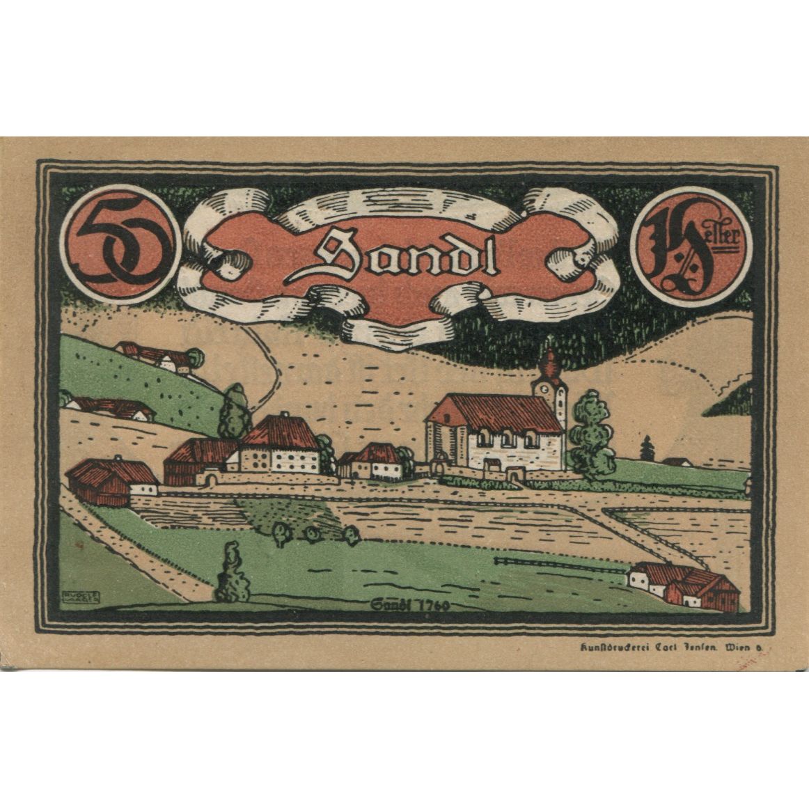 Biljet, Oostenrijk, Sandl, 50 Heller, Eglise 1920-12-31, SPL Mehl:FS 874I