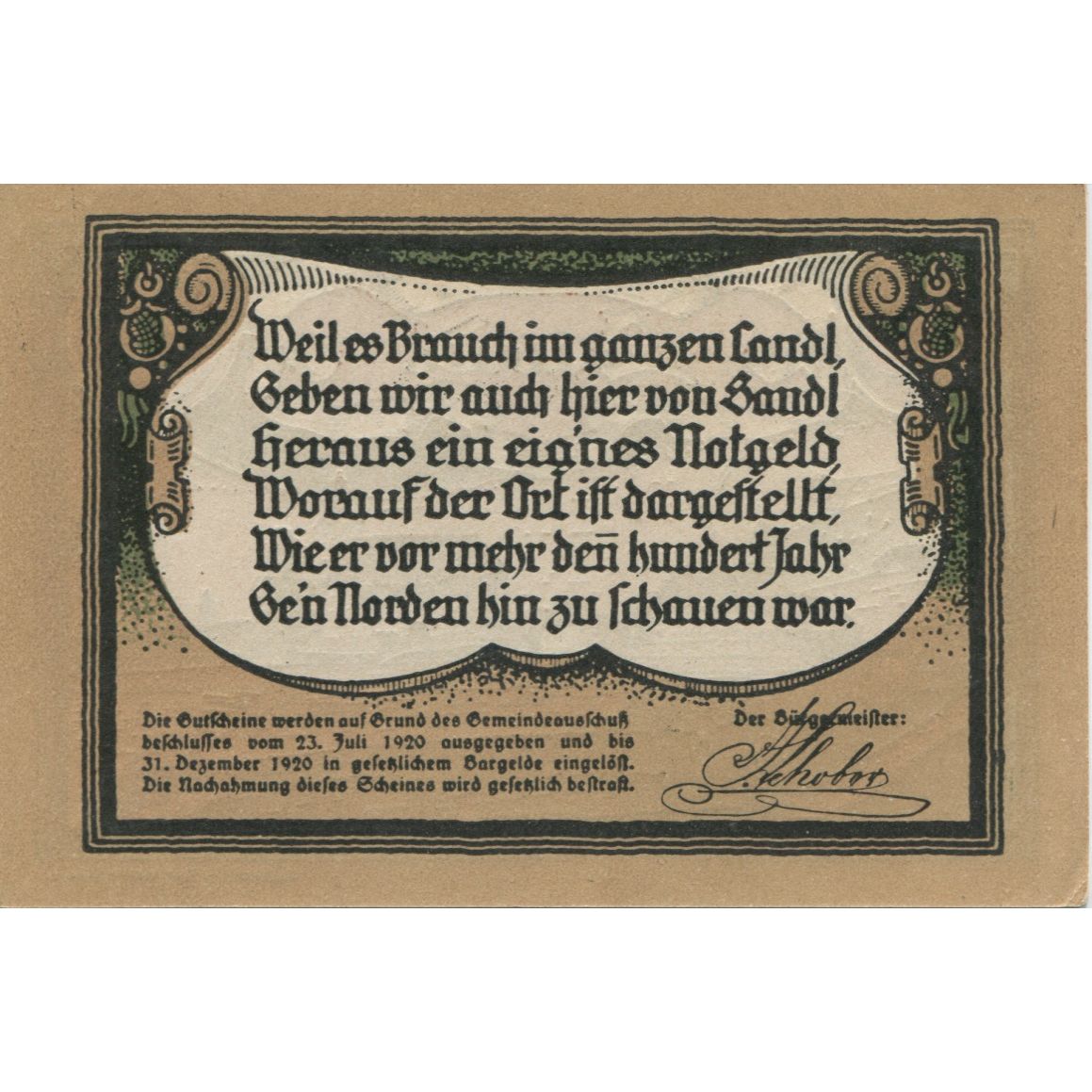 Biljet, Oostenrijk, Sandl, 50 Heller, Eglise 1920-12-31, SPL Mehl:FS 874I