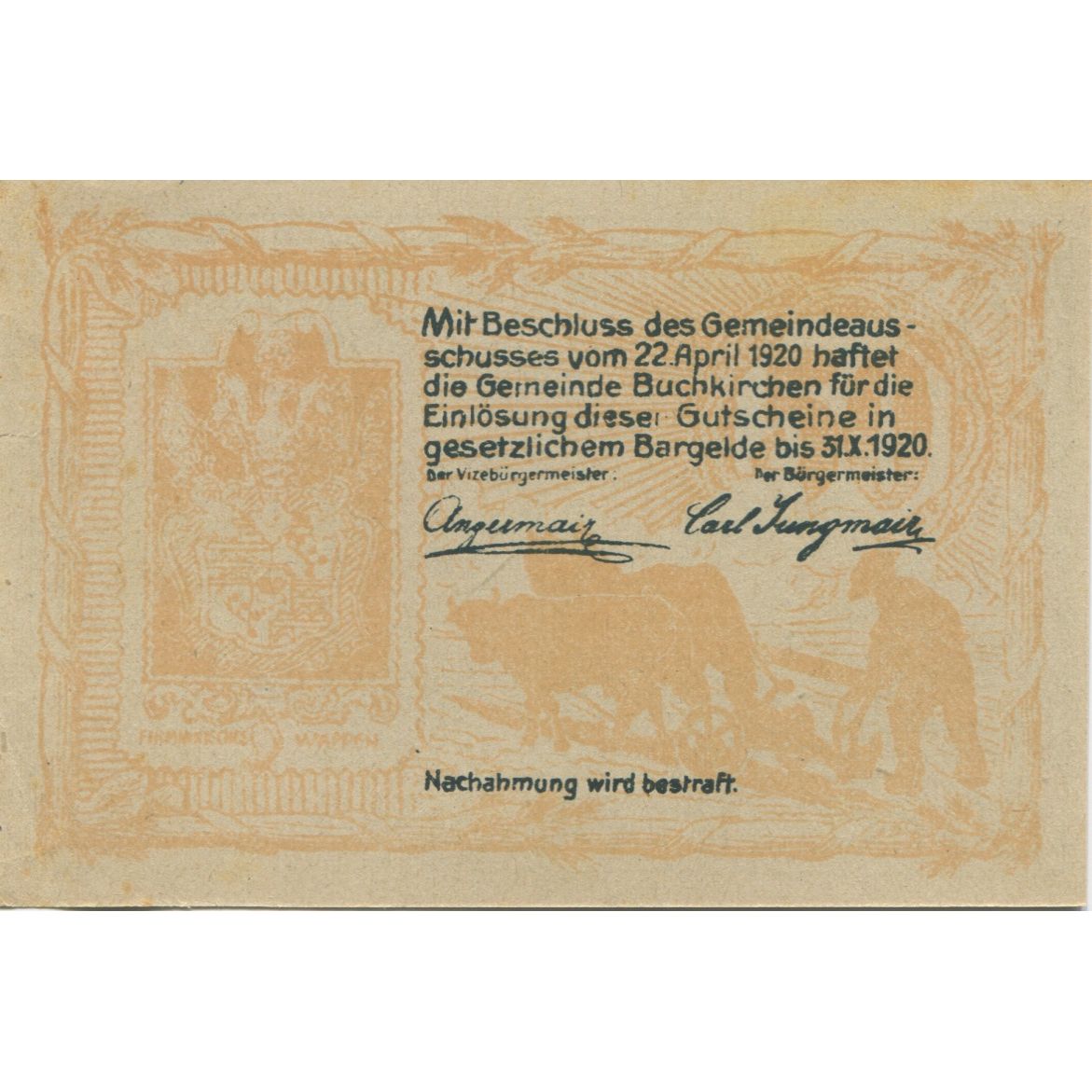 Nota, Áustria, Buchkirchen, 50 Heller, château 1920-10-31, UNC(63) Mehl:FS 114a