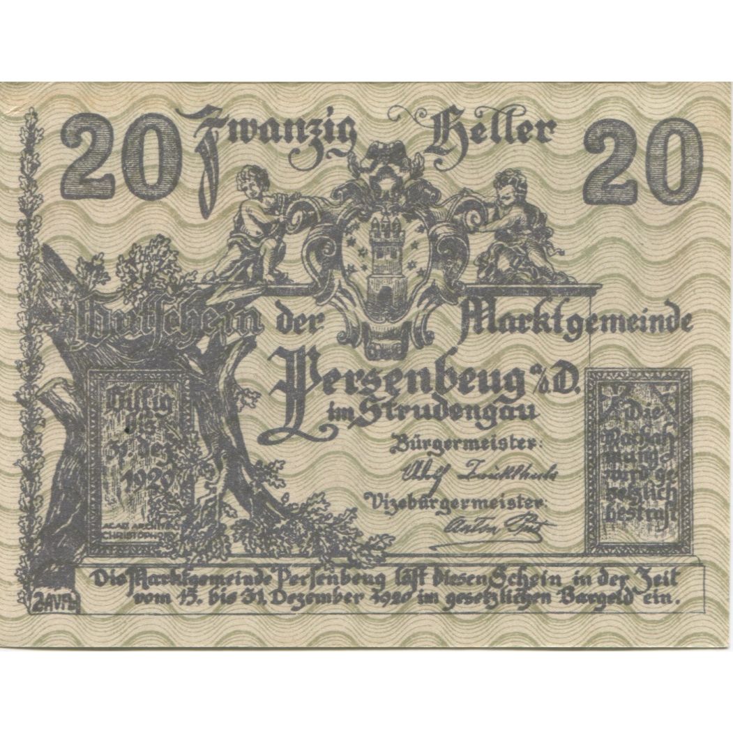 Geldschein, Österreich, Persenbeug, 20 Heller, Blason, 1920 UNZ- Mehl:FS 735IIa