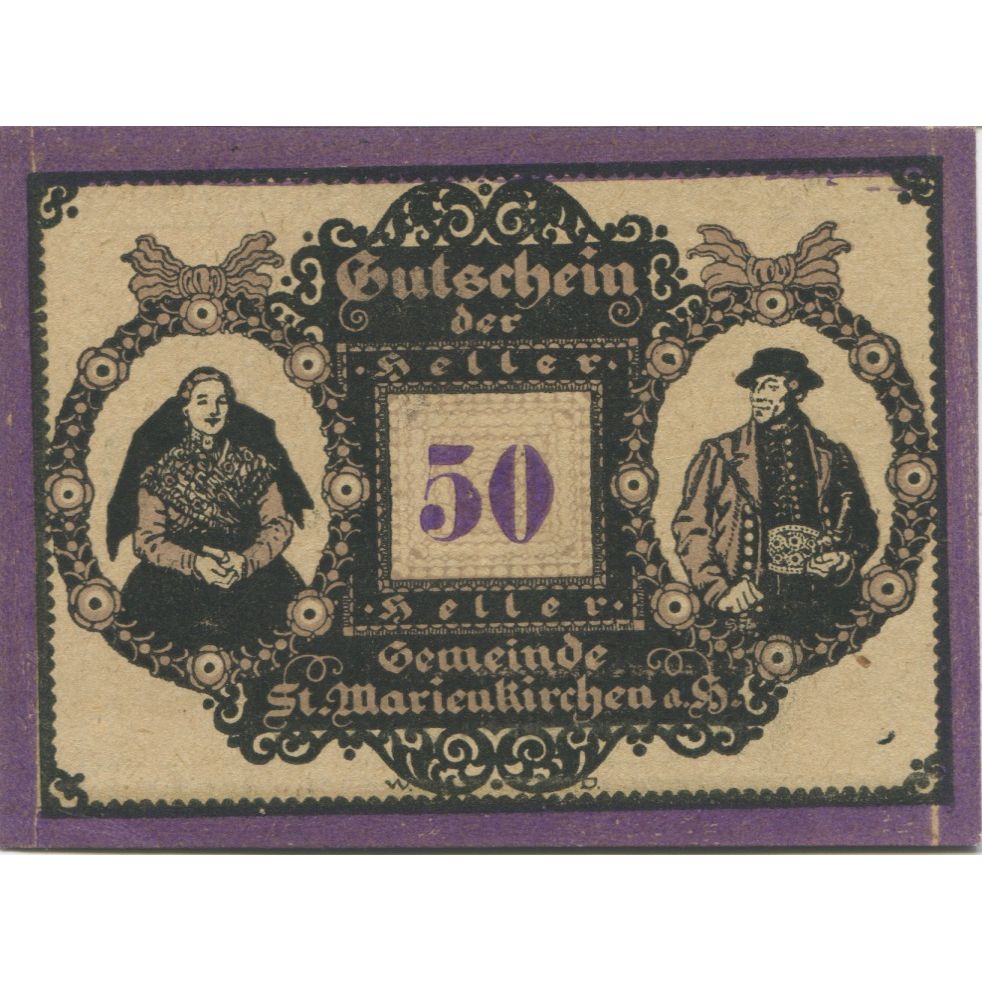 Nota, Áustria, Marienkirchen, 50 Heller, portrait, 1920 UNC(63) Mehl:FS 908