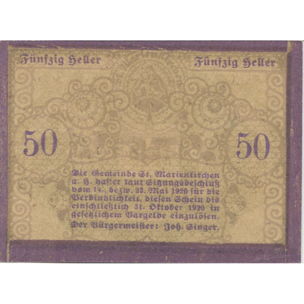 Nota, Áustria, Marienkirchen, 50 Heller, portrait, 1920 UNC(63) Mehl:FS 908