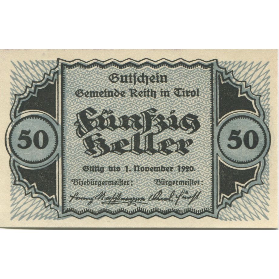 Biljet, Oostenrijk, Reith, 50 Heller, Eglise 1920-11-01, SPL, Mehl:FS 831a