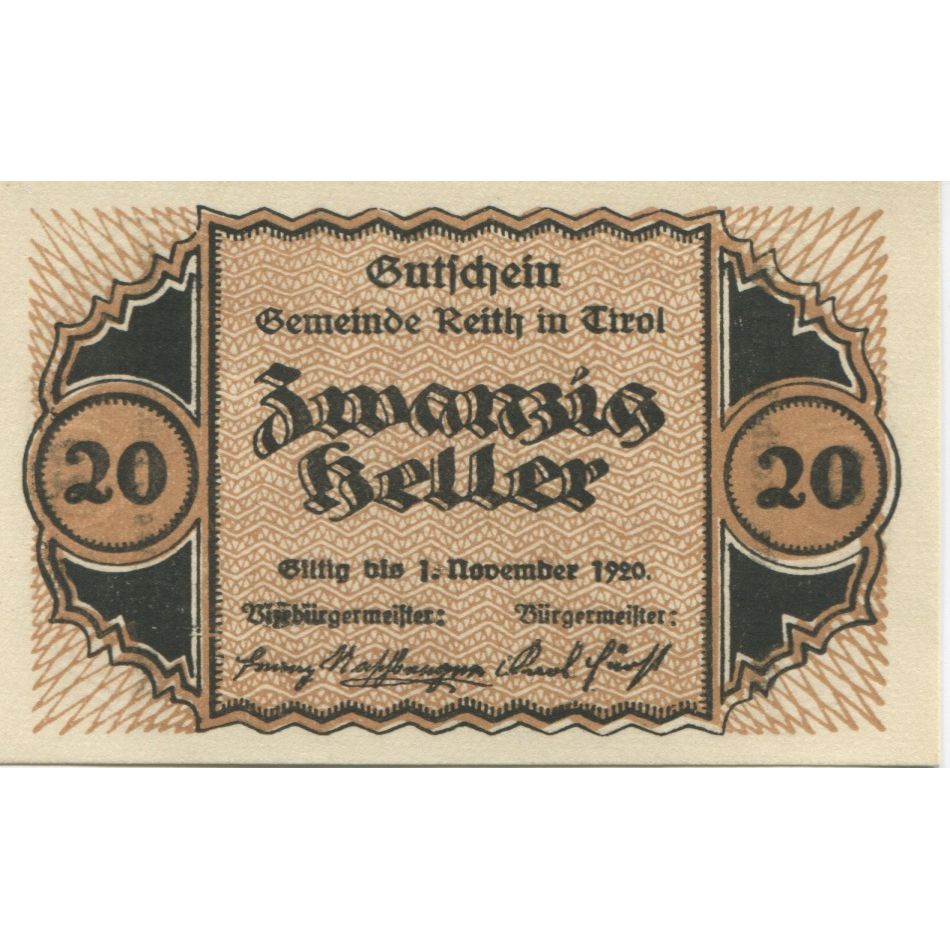 Nota, Áustria, Reith, 20 Heller, montagne 1920-11-01, UNC(63) Mehl:FS 831a