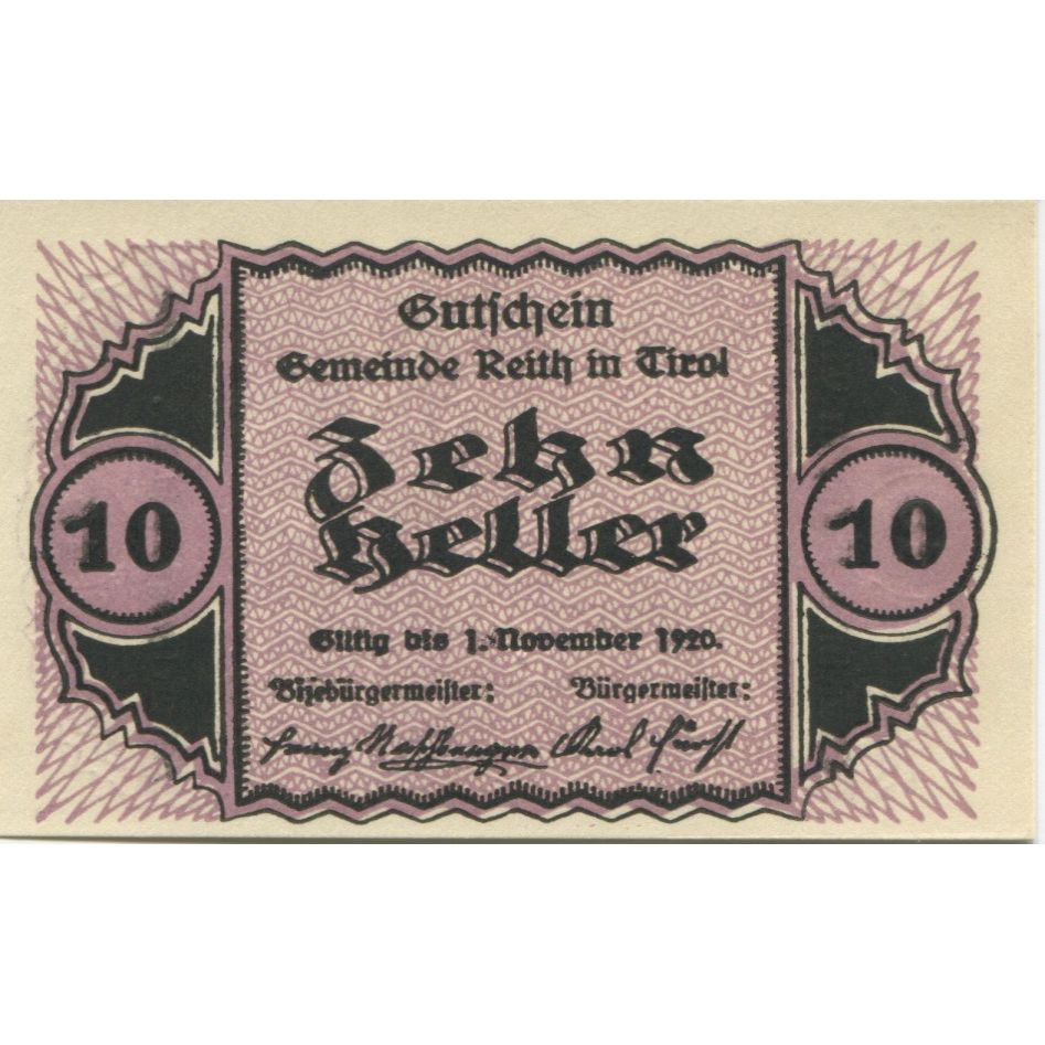 Biljet, Oostenrijk, Reith, 10 Heller, paysage 1920-11-01, SPL, Mehl:FS 831a