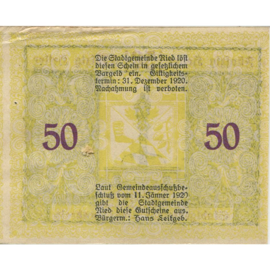 Geldschein, Österreich, Ried, 50 Heller, fontaine, 1920 VZ Mehl:FS 834IIa
