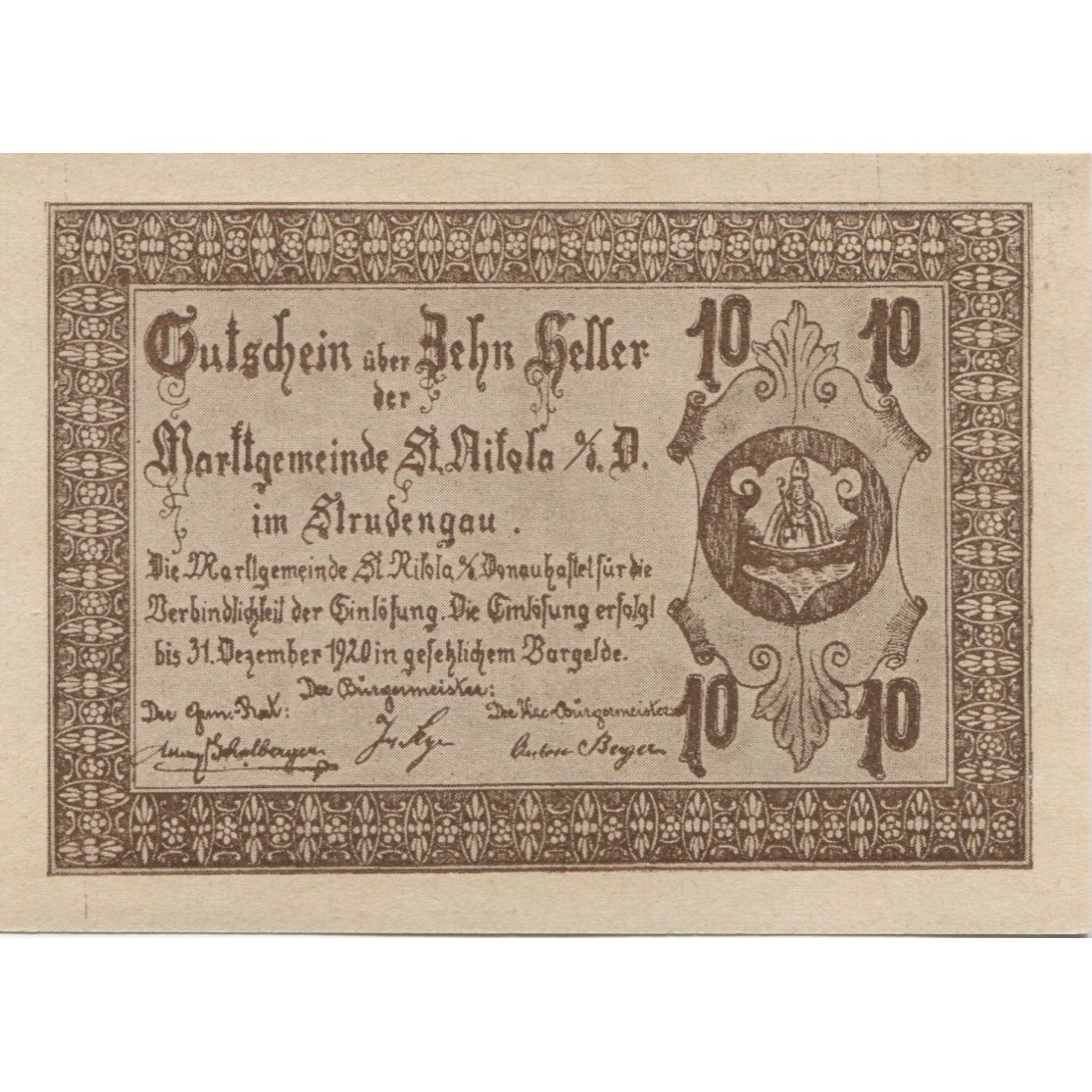 Nota, Áustria, St Nikola ad Donau, 10 Heller, château, 1920 SPL Mehl:FS 914IIIa