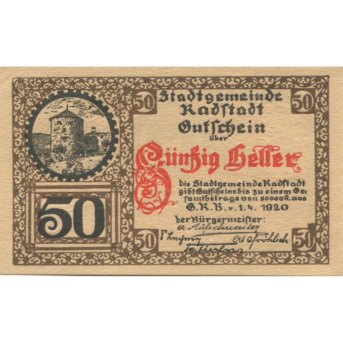 Banknote, Austria, Radstadt, 50 Heller, château, 1920 UNC(63) Mehl:FS 811