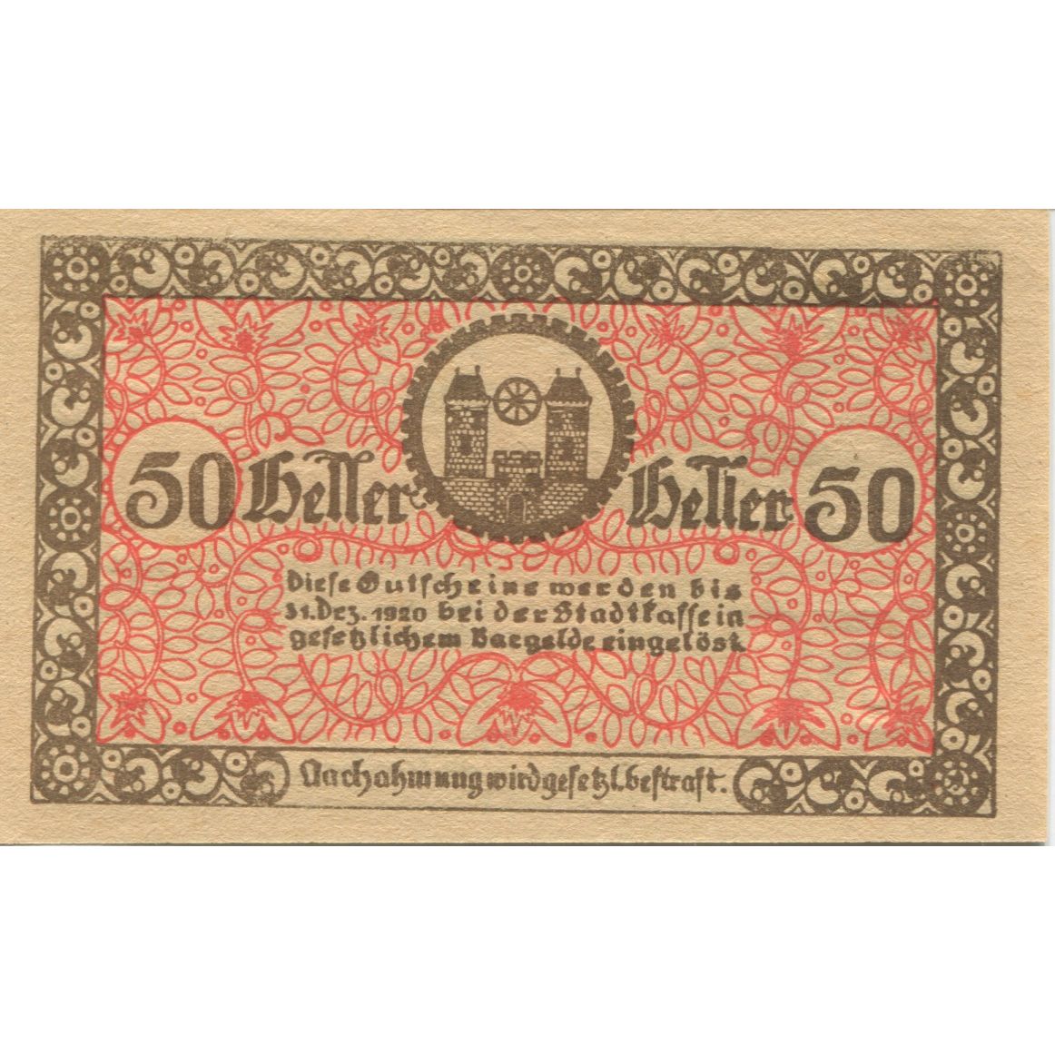 Banknote, Austria, Radstadt, 50 Heller, château, 1920 UNC(63) Mehl:FS 811