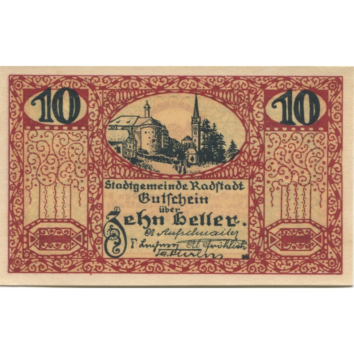 Nota, Áustria, Radstadt, 10 Heller, village, UNC(63), Mehl:FS 811