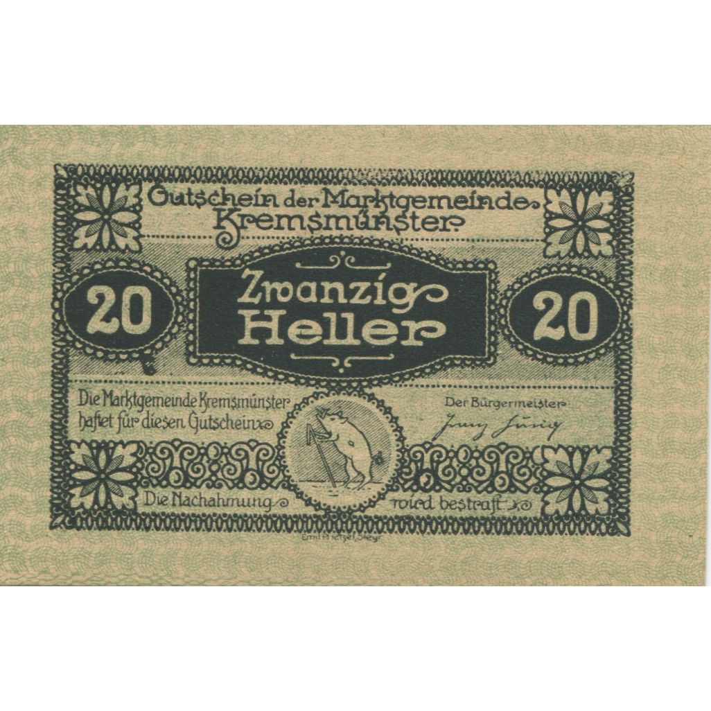 Nota, Áustria, Kremsmunster, 20 Heller, château 1920 UNC(63) Mehl:FS 476IIIb
