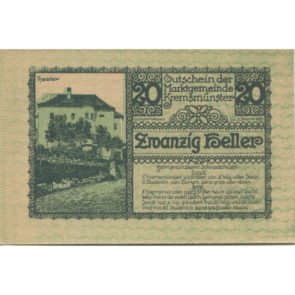 Nota, Áustria, Kremsmunster, 20 Heller, château 1920 UNC(63) Mehl:FS 476IIIb