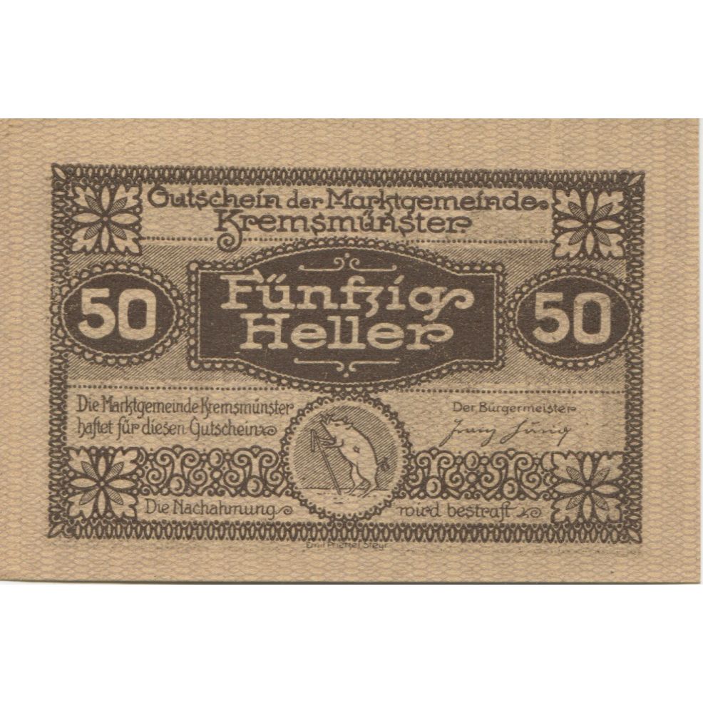 Biljet, Oostenrijk, Kremsmunster, 50 Heller, rue 1920-12-31, SPL Mehl:FS 476IIIb