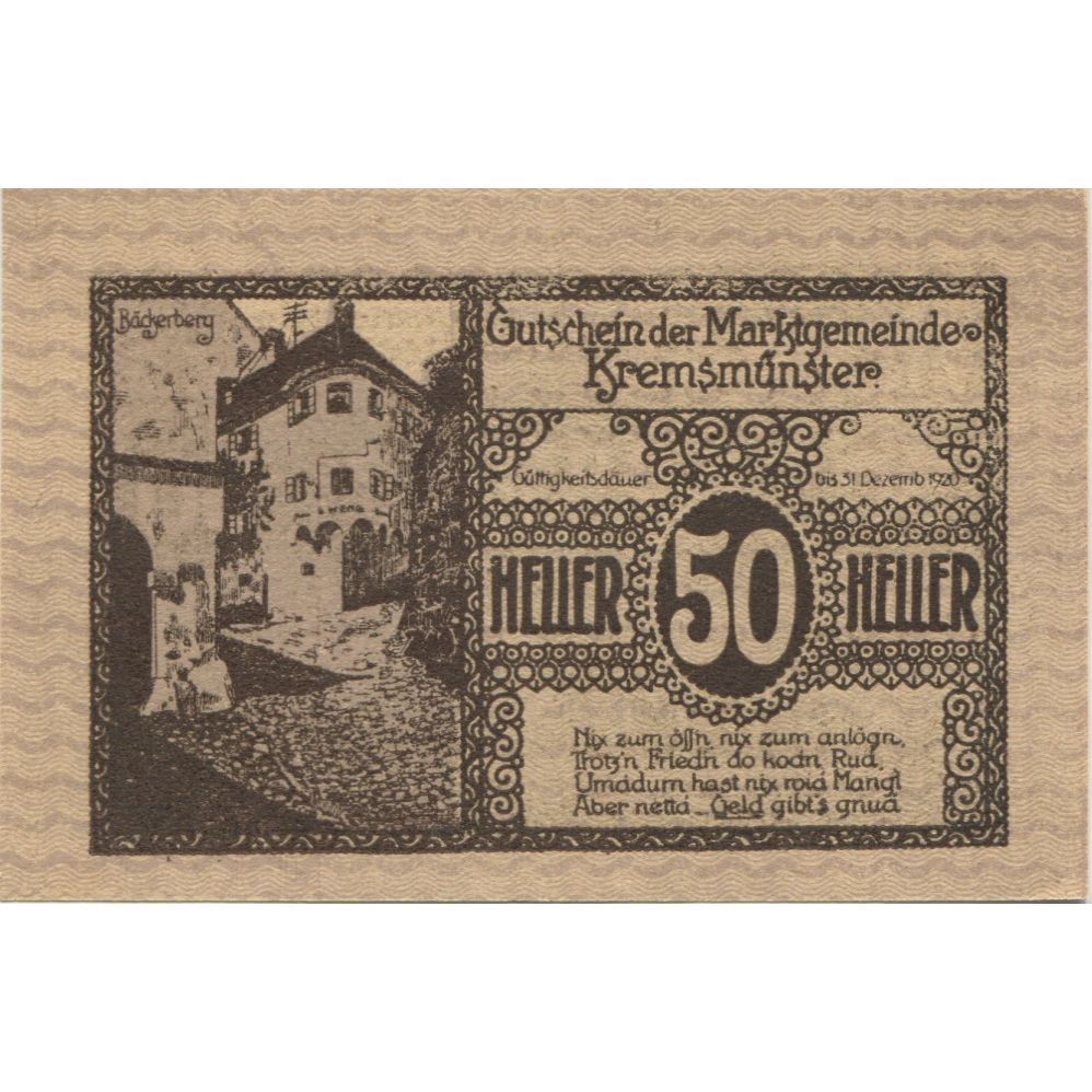 Biljet, Oostenrijk, Kremsmunster, 50 Heller, rue 1920-12-31, SPL Mehl:FS 476IIIb