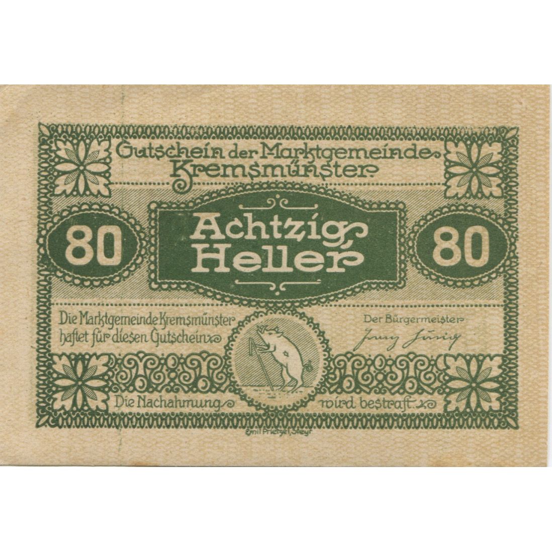Banknot, Austria, Kremsmunster, 80 Heller, château 1920 UNC(63) Mehl:FS 476IIIb