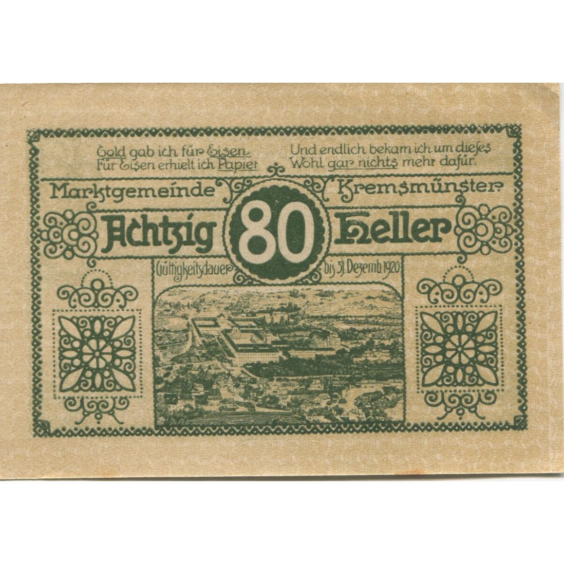 Banknot, Austria, Kremsmunster, 80 Heller, château 1920 UNC(63) Mehl:FS 476IIIb