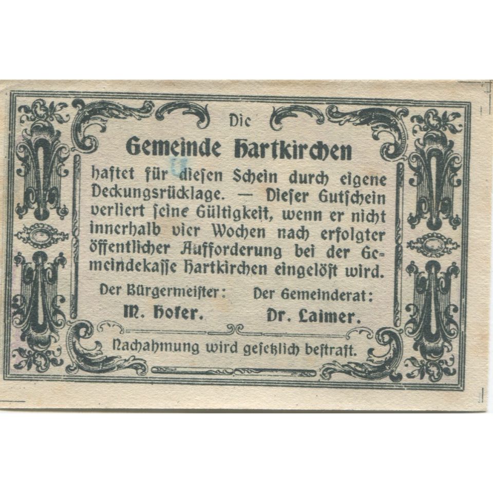 Nota, Áustria, Hartkirchen, 50 Heller, paysage, UNC(63), Mehl:FS 353SS