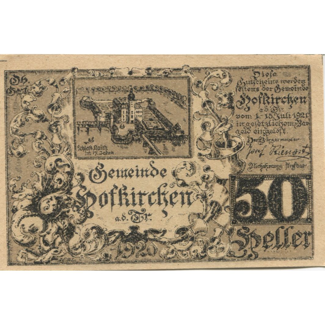 Nota, Áustria, Hofkirchen, 50 Heller, Blason 1, 1921 UNC(63) Mehl:FS 385a