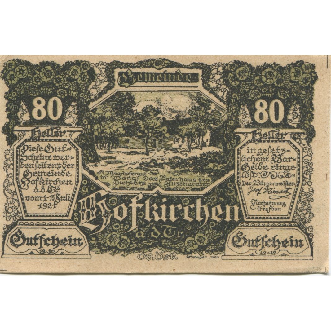 Geldschein, Österreich, Hofkirchen, 80 Heller, Blason 2, 1921 UNZ- Mehl:FS 385a