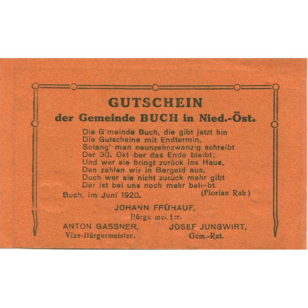 Nota, Áustria, Buch, 30 Heller, rue, 1920, 1920-10-31, UNC(63), Mehl:FS 113a