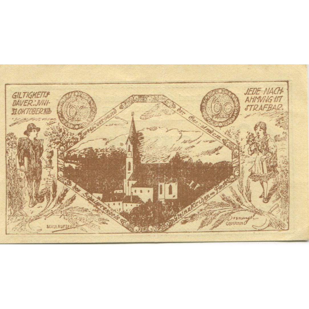 Biljet, Oostenrijk, Steinakirchen, 60 Heller, Eglise, 1920 UNC- Mehl:FS 1022