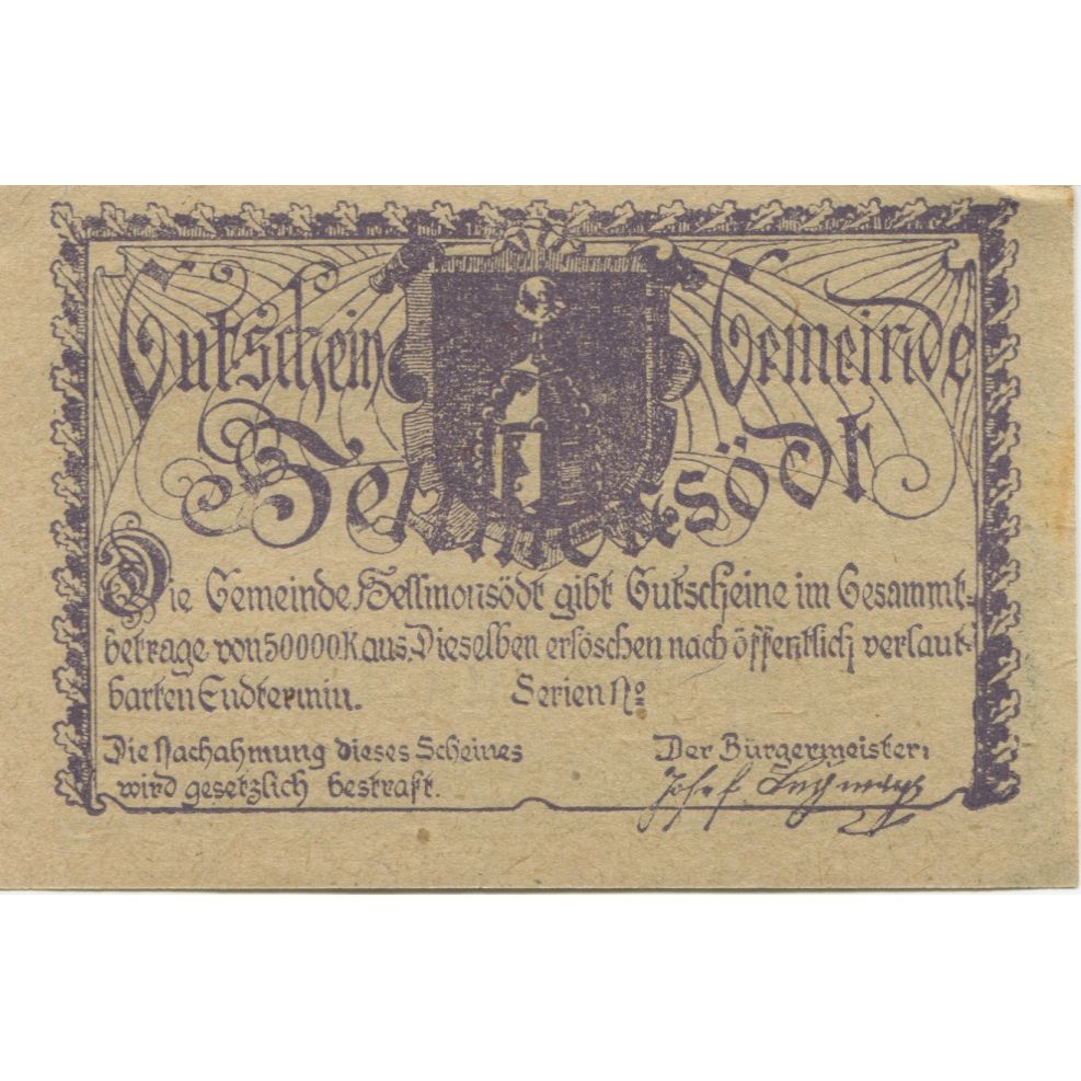 Billet, Autriche, Hellmonsodt, 50 Heller, paysage, SPL, Mehl:FS 364