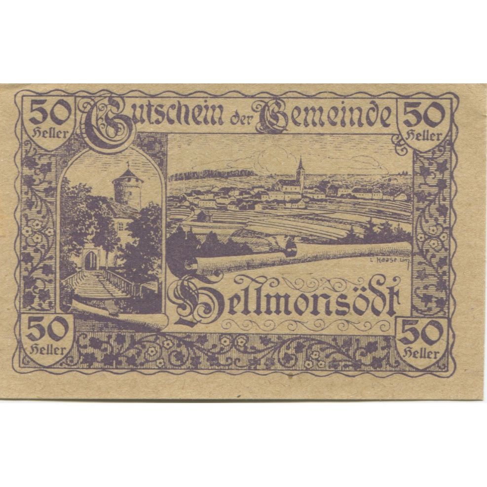 Billet, Autriche, Hellmonsodt, 50 Heller, paysage, SPL, Mehl:FS 364