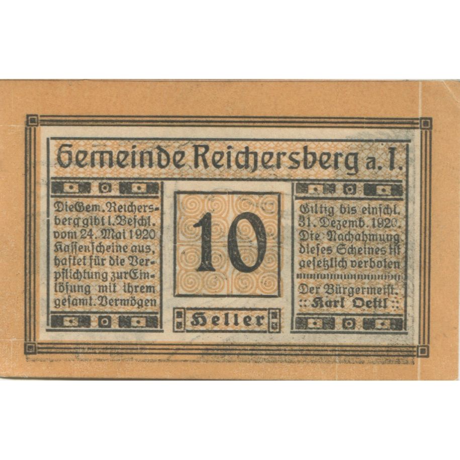 Geldschein, Österreich, Reichersberg, 10 Heller, rue, 1920 UNZ- Mehl:FS 828IIa