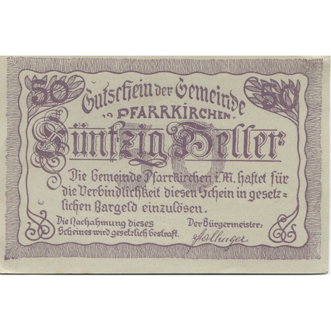 Banknot, Austria, Pfarrkirchen, 50 Heller, Eglise 1920, UNC(63) Mehl:FS 744Ic