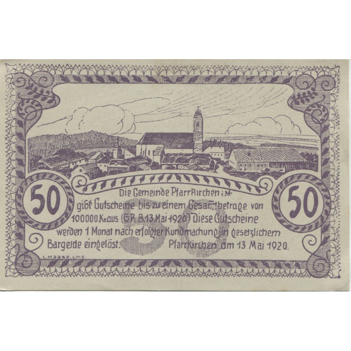 Banknot, Austria, Pfarrkirchen, 50 Heller, Eglise 1920, UNC(63) Mehl:FS 744Ic