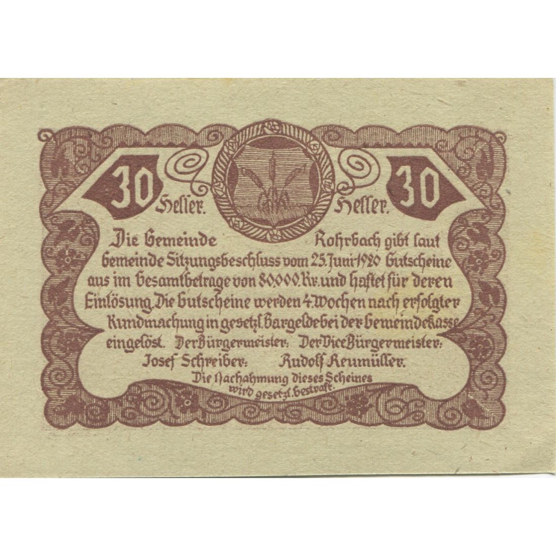 Biljet, Oostenrijk, Rohrbach, 30 Heller, Eglise, SPL, Mehl:FS 841b