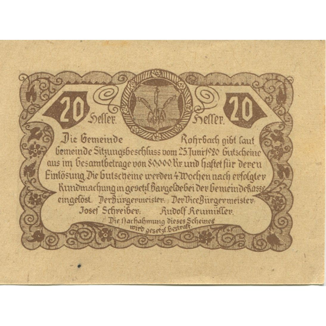 Billet, Autriche, Rohrbach, 20 Heller, rue, SPL, Mehl:FS 841b