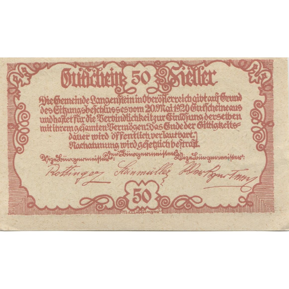 Geldschein, Österreich, Langenstein, 50 Heller, village, UNZ-, Mehl:FS 502a