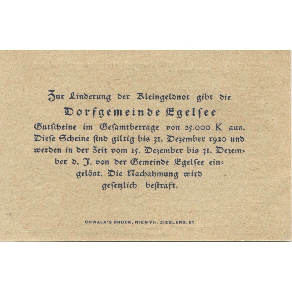 Biljet, Oostenrijk, Egelsee, 20 Heller, Monument 1920-12-31, SPL, Mehl:FS 158a