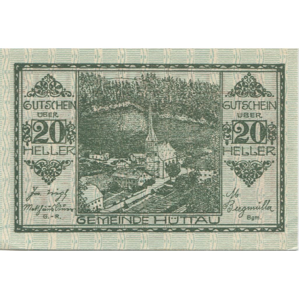 Geldschein, Österreich, Hüttau, 20 Heller, Eglise 1921-01-31, UNZ- Mehl:FS 401a