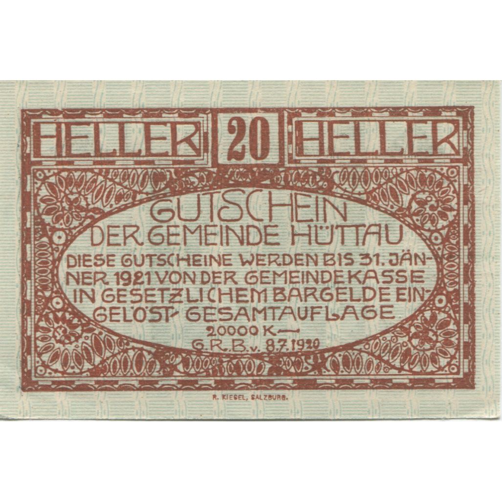 Geldschein, Österreich, Hüttau, 20 Heller, Eglise 1921-01-31, UNZ- Mehl:FS 401a