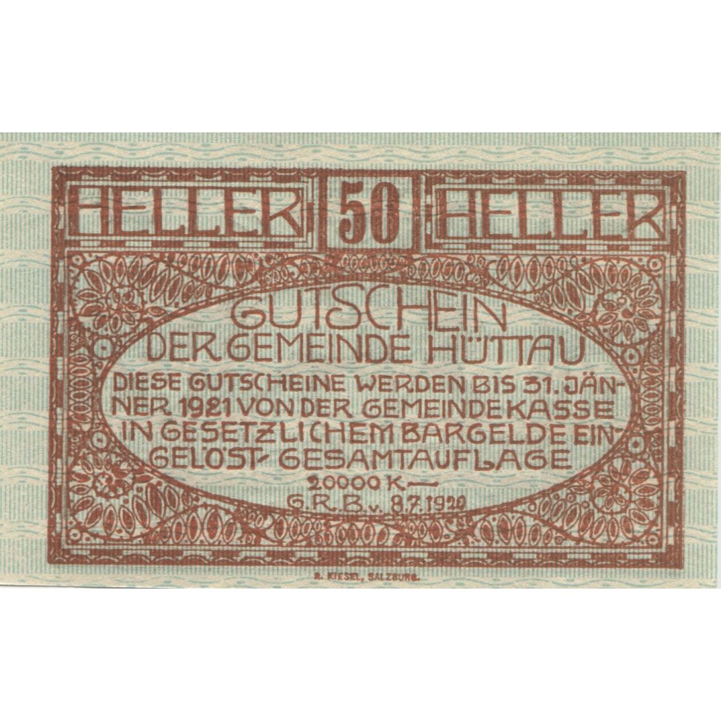 Biljet, Oostenrijk, Hüttau, 50 Heller, cheval 1921-01-31, SPL, Mehl:FS 401a