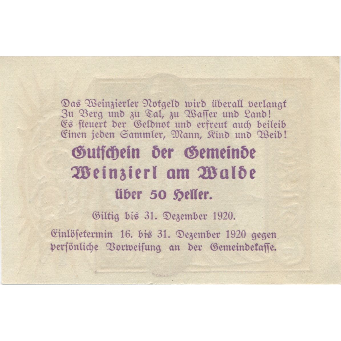 Biljet, Oostenrijk, Wienzierl, 50 Heller, village 1920-12-31, SPL Mehl:FS 1152