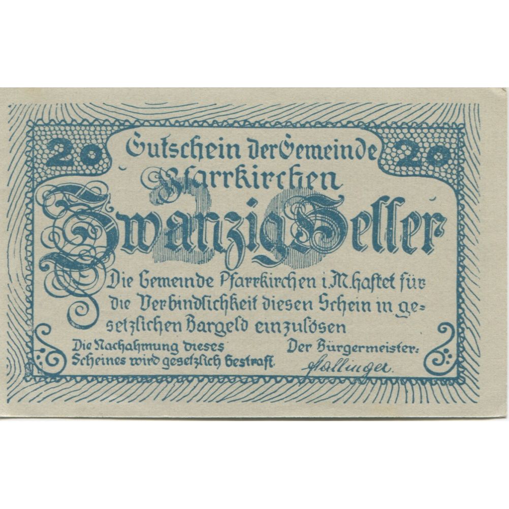 Biljet, Oostenrijk, Pfarrkirchen, 20 Heller, château 1920 SPL Mehl:FS 744Ia