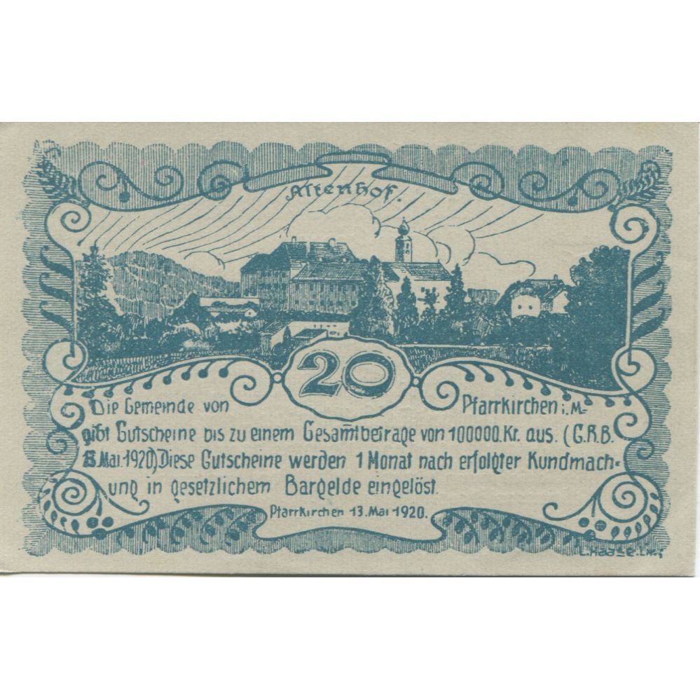 Biljet, Oostenrijk, Pfarrkirchen, 20 Heller, château 1920 SPL Mehl:FS 744Ia