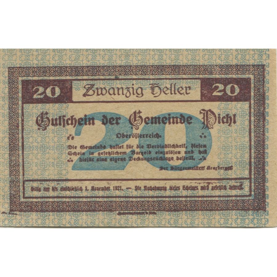 Billete, Austria, Pichl, 20 Heller, paysage 1, 1920-11-21, SC, Mehl:FS 747