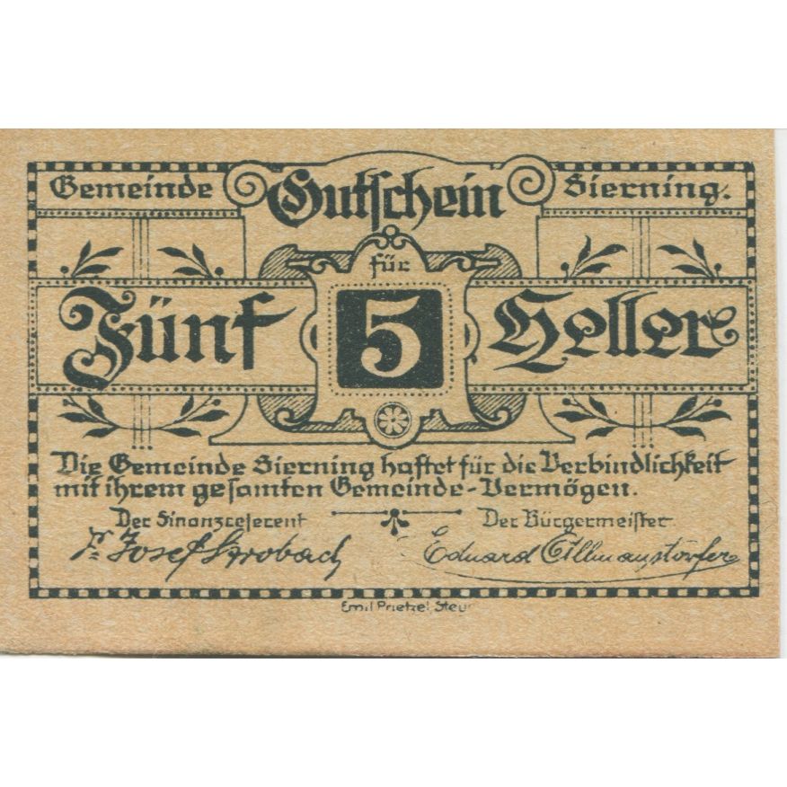 Banconote, Austria, Sierning, 5 Heller, Usine 1, 1921-07-01, SPL Mehl:FS 995b