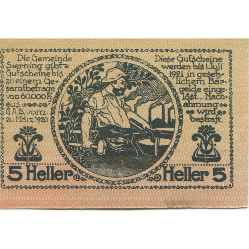 Banconote, Austria, Sierning, 5 Heller, Usine 1, 1921-07-01, SPL Mehl:FS 995b
