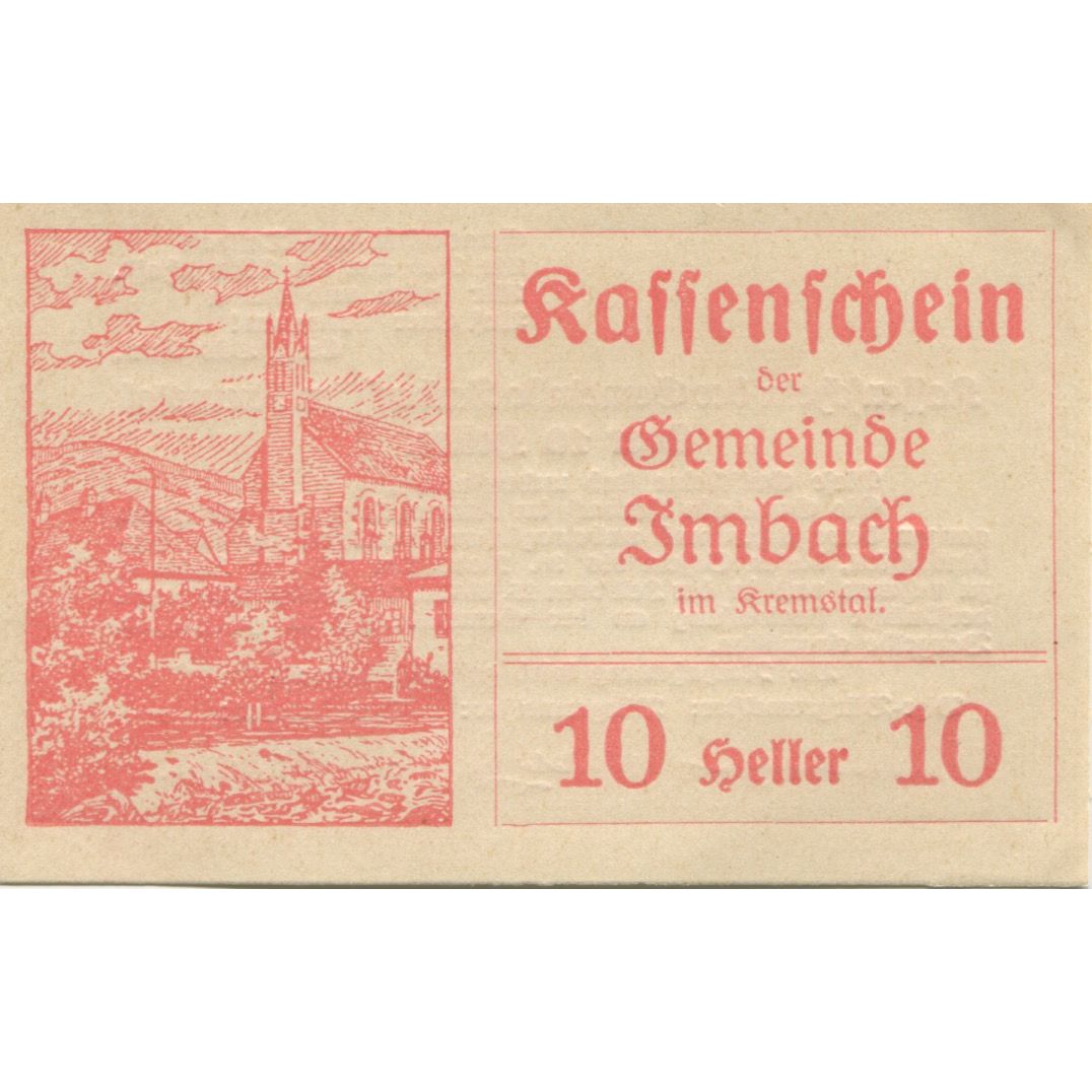 Banconote, Austria, Imbach, 10 Heller, Eglise 1920-12-31, SPL Mehl:FS 404I