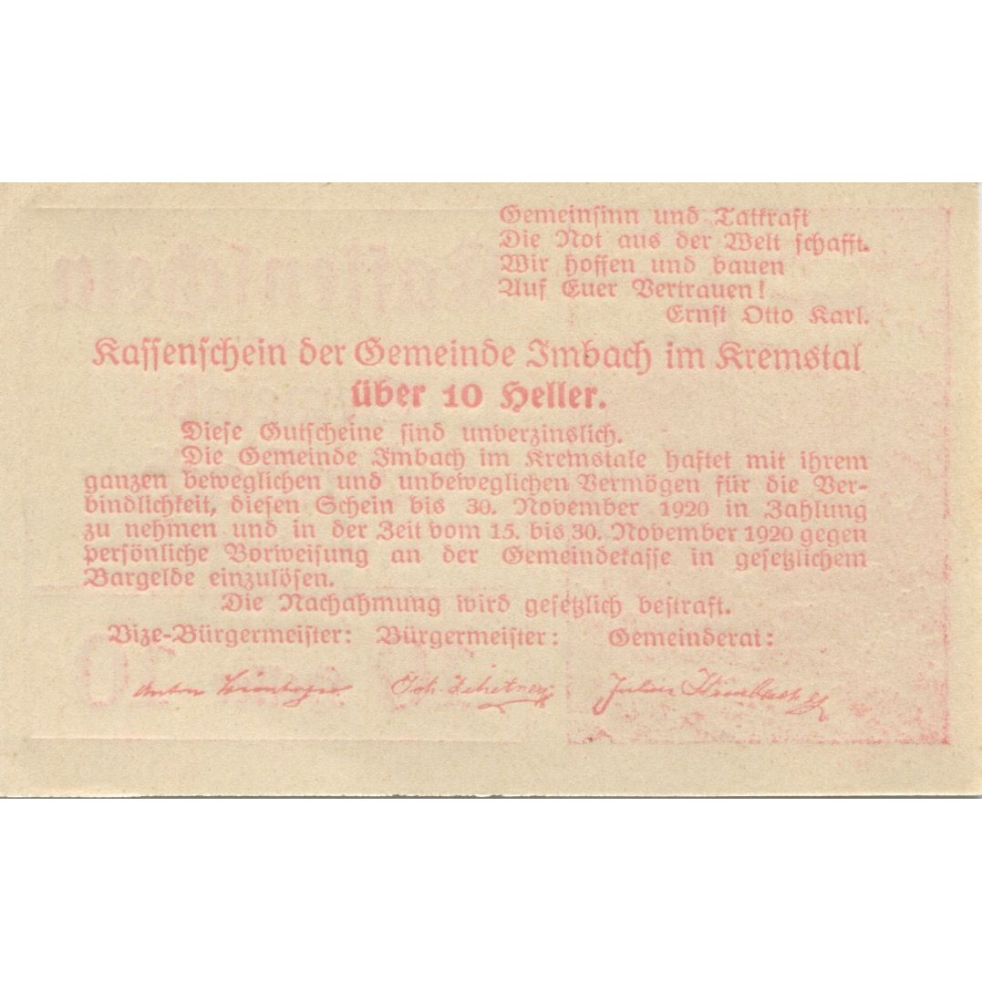 Banconote, Austria, Imbach, 10 Heller, Eglise 1920-12-31, SPL Mehl:FS 404I