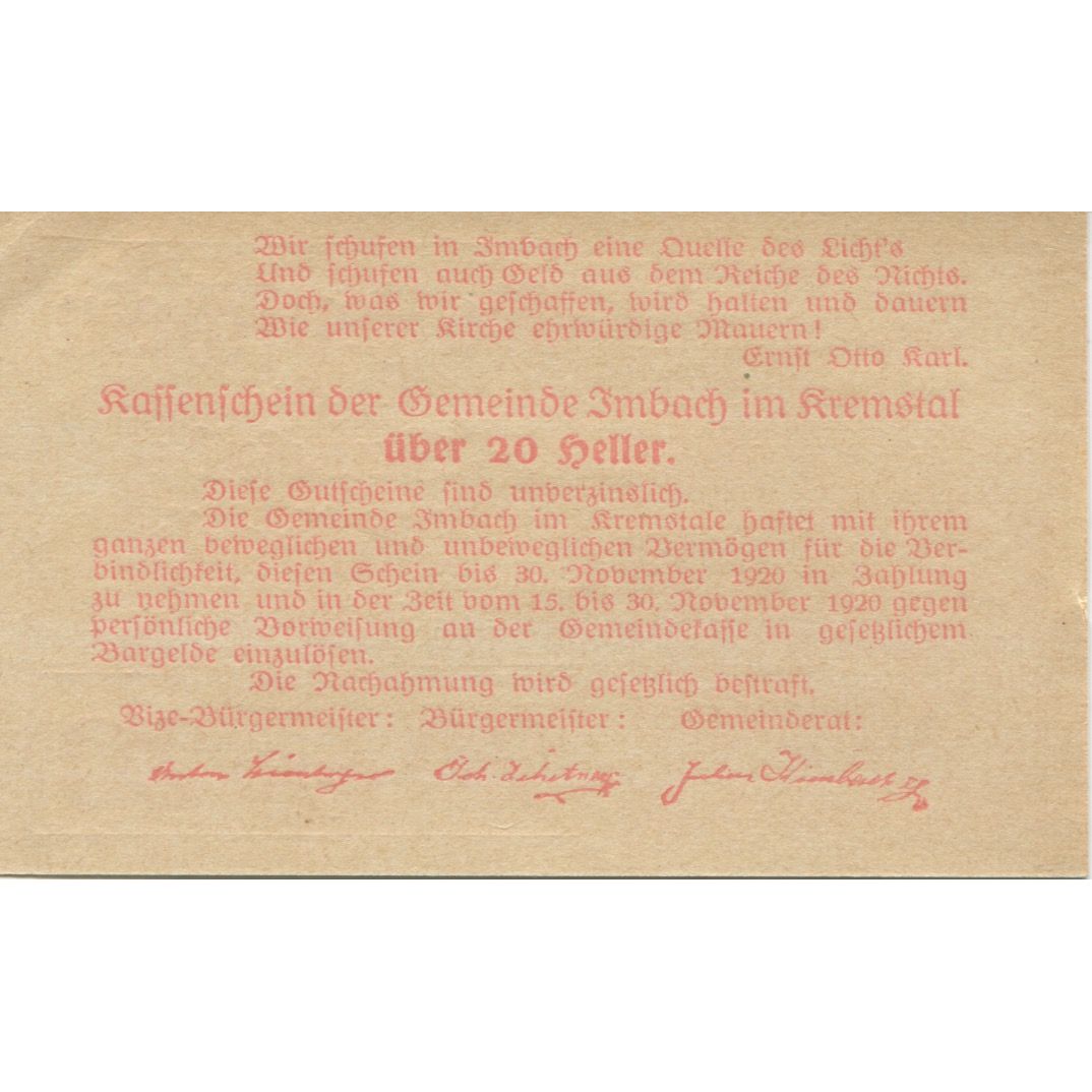 Biljet, Oostenrijk, Imbach, 20 Heller, Eglise 1, 1920-12-31, SPL, Mehl:FS 404I