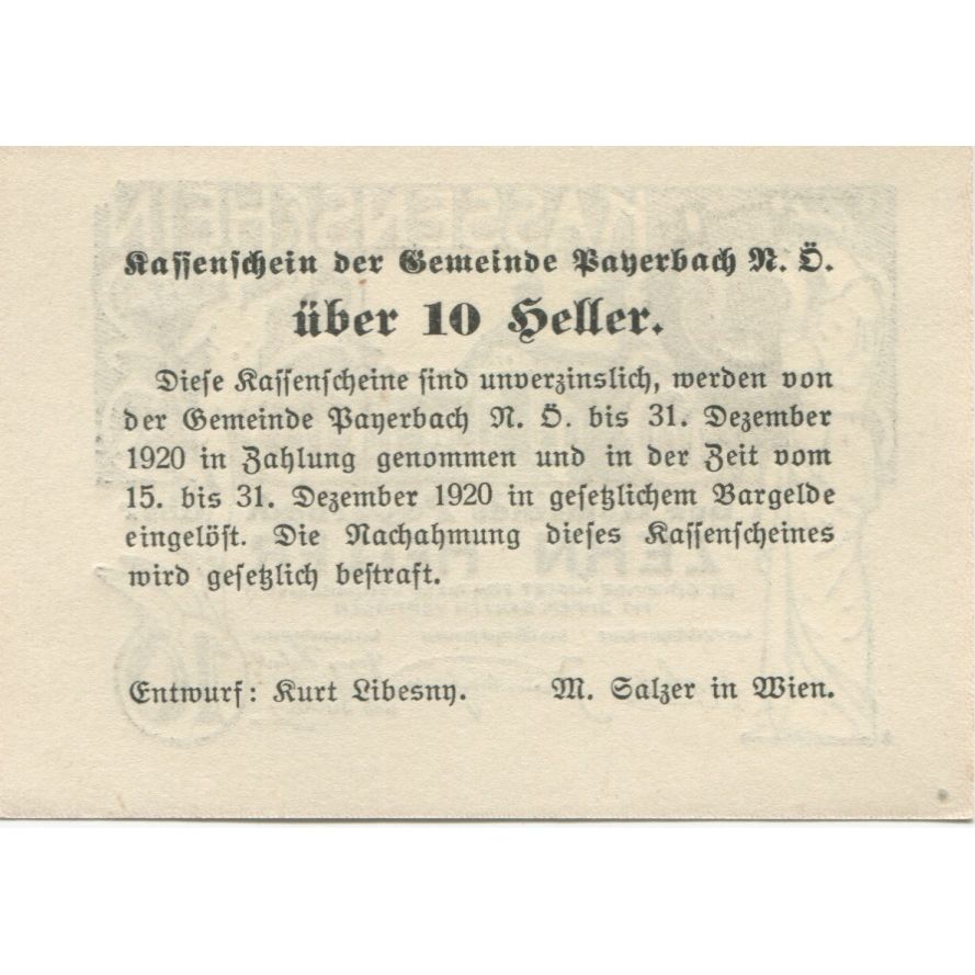 Banconote, Austria, Payerbach, 10 Heller, statue 1920-12-31, SPL, Mehl:FS 725