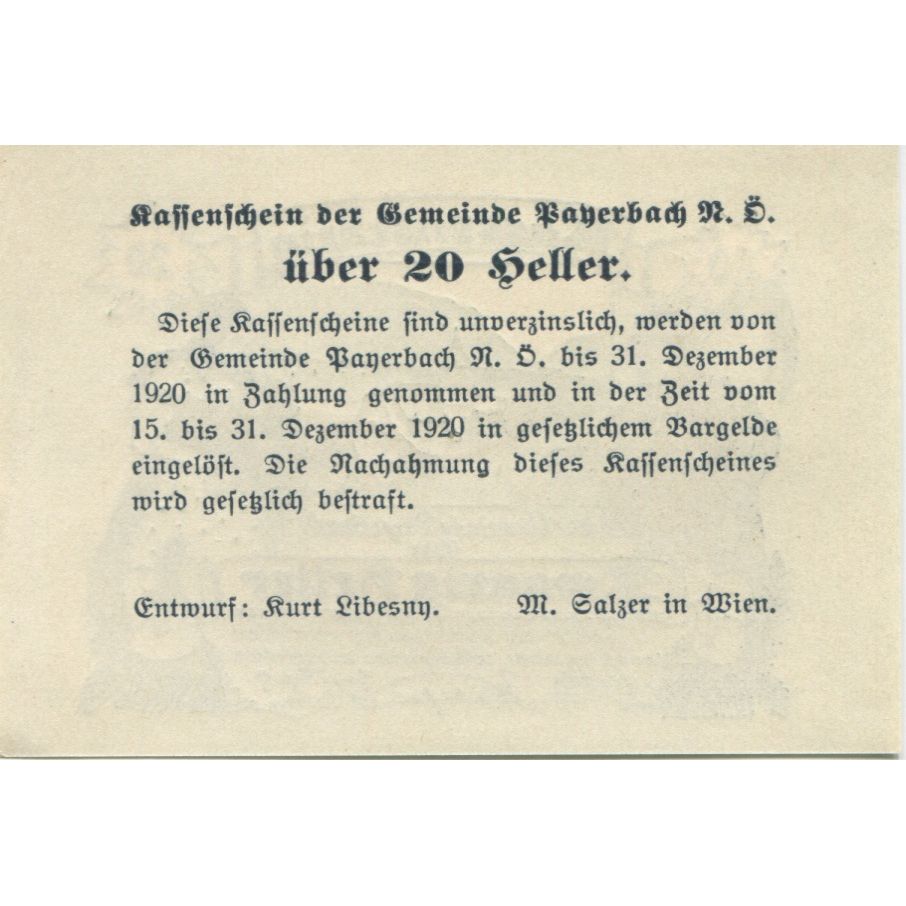 Nota, Áustria, Payerbach, 20 Heller, Eglise 1920-12-31, UNC(63), Mehl:FS 725
